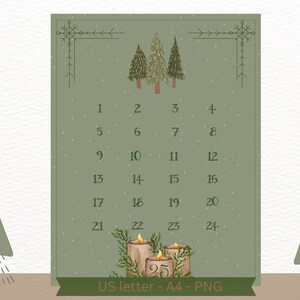 Compte à rebours pour le calendrier de Noël imprimable - Téléchargement numérique - US Letter & A4 - PNG - Compte à rebours avec des arbres de Noël