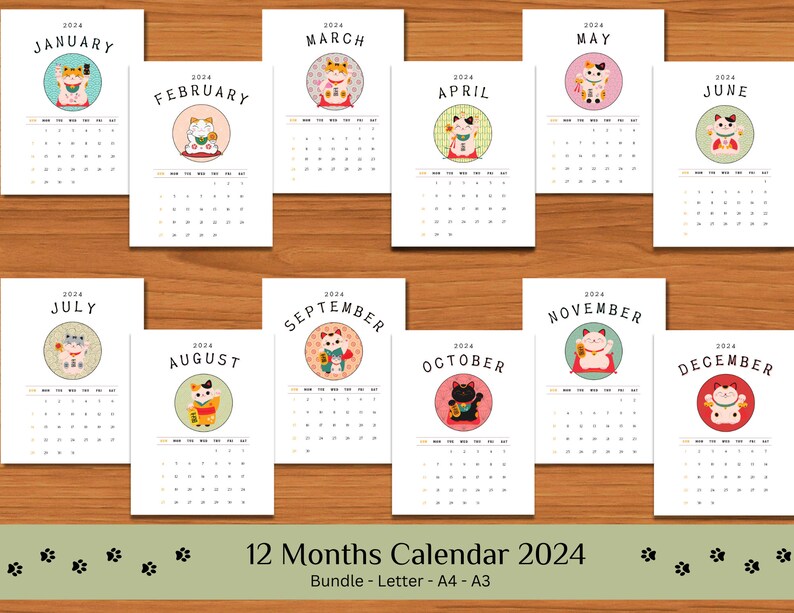Printable Monthly 2024 Calendar, 12 Months Calendar With Japanese Lucky