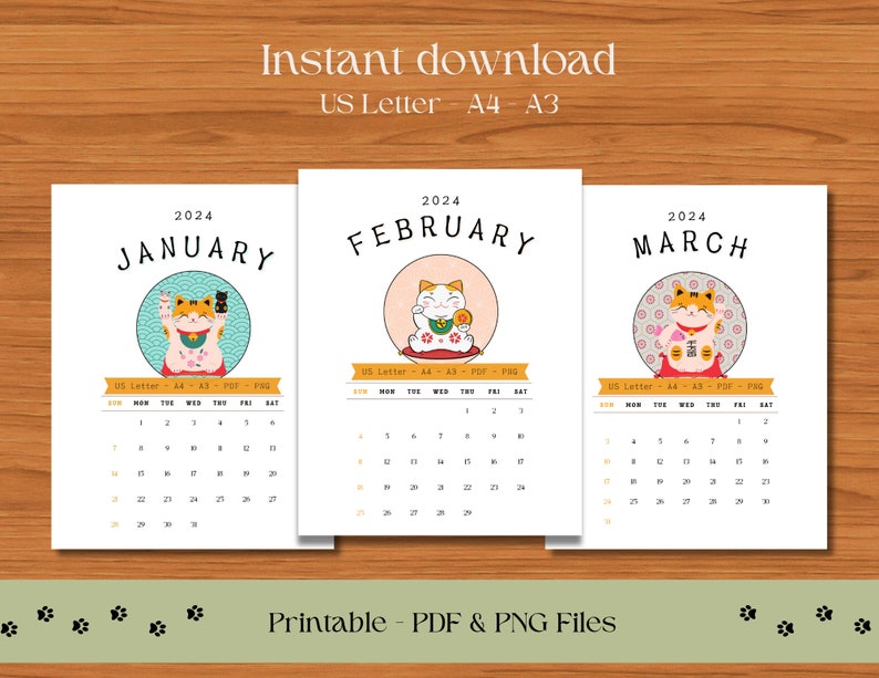 Printable Monthly 2024 Calendar, 12 Months Calendar With Japanese Lucky