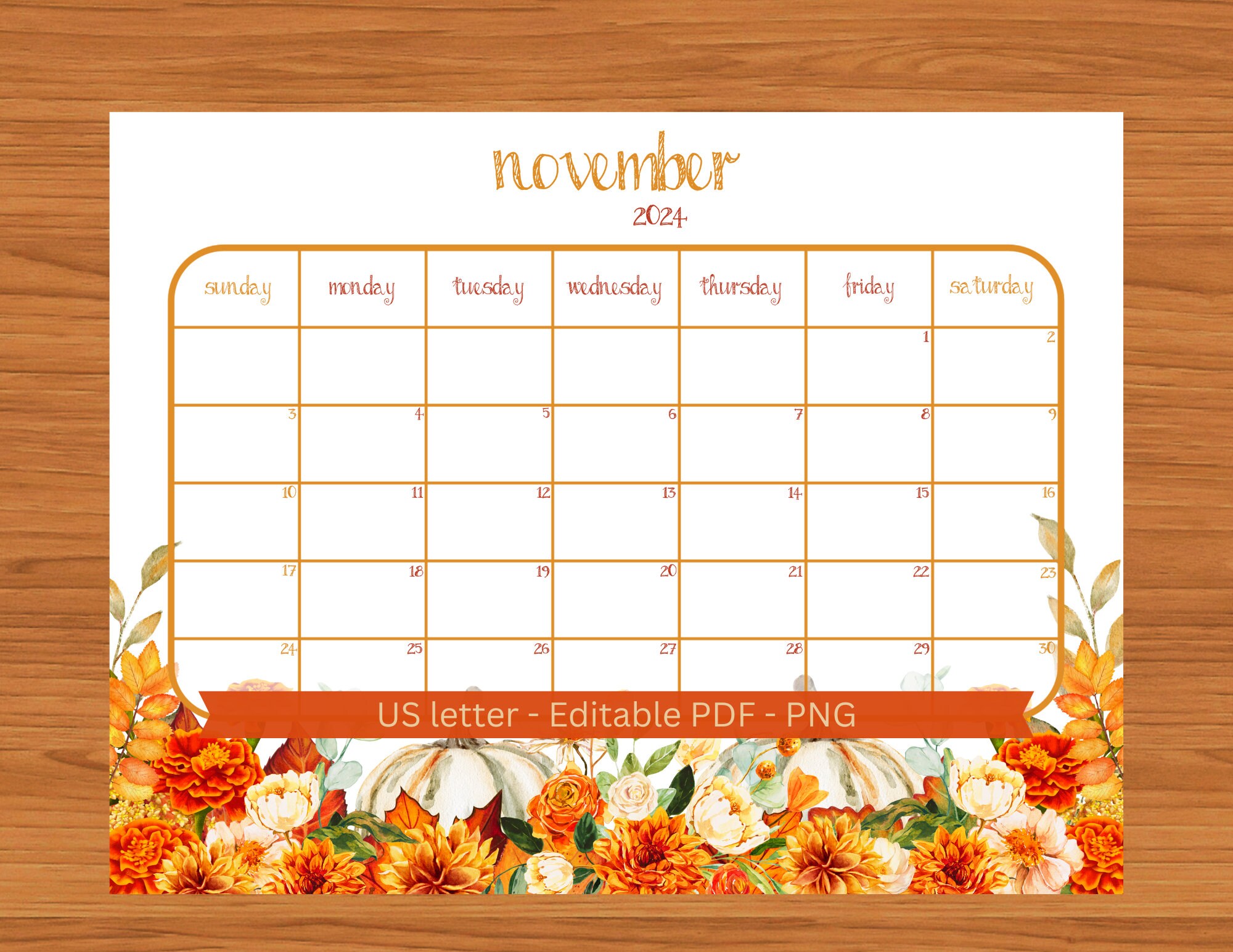 November 2024 Digital Calendar PDF Editable PNG File US Letter Autumn