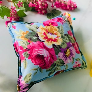 Chunky Pin Cushion, pretty fabric choices, plump square design, cotton velvet, a perfect gift.