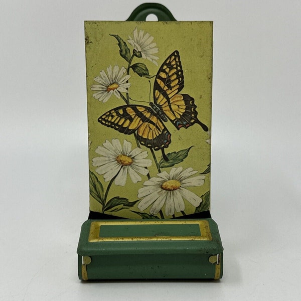 Vintage Jasco Tin Match Safe, Match Box Holder, Wall Mounted Match Holder, Butterfly Decor, Retro Kitchen Decor