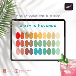 Könnte beinhalten: Eine digitale Illustration einer Procreate-Farbpalette für iPad mit dem Titel "A Day in Havana". Die Palette enthält 36 Farbfelder in Rot-, Orange-, Gelb-, Grün-, Blau- und Brauntönen.