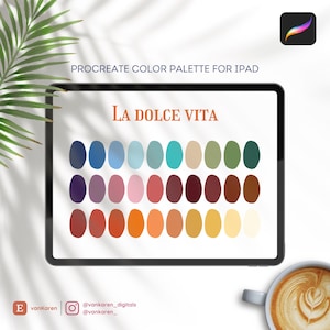 Puede incluir: Una paleta de colores digital para la aplicación Procreate en iPad, titulada "La Dolce Vita". La paleta presenta 36 colores en una variedad de tonos de azul, morado, rosa, rojo, naranja, amarillo y verde.
