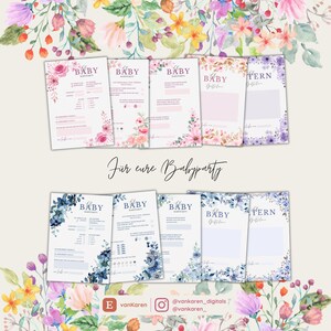 Materiały do druku na baby shower dla chłopców i dziewczynek, karty do wypełnienia do wydrukowania, gry zgadywanki i karty voucherów, rodzice i dzieci, motywy kwiatowe