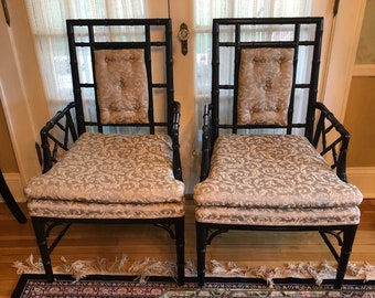 Pair of Vintage Black REAL Bamboo Chinese Chinoiserie Chairs. Built well, solid. Great to upholster in your favorite fabric!