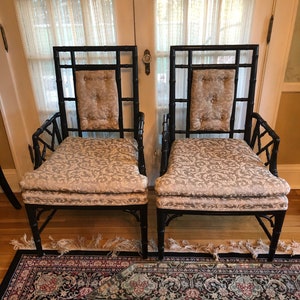 Pair of Vintage Black REAL Bamboo Chinese Chinoiserie Chairs. Built well, solid. Great to upholster in your favorite fabric image 1