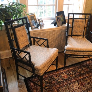 Pair of Vintage Black REAL Bamboo Chinese Chinoiserie Chairs. Built well, solid. Great to upholster in your favorite fabric image 3
