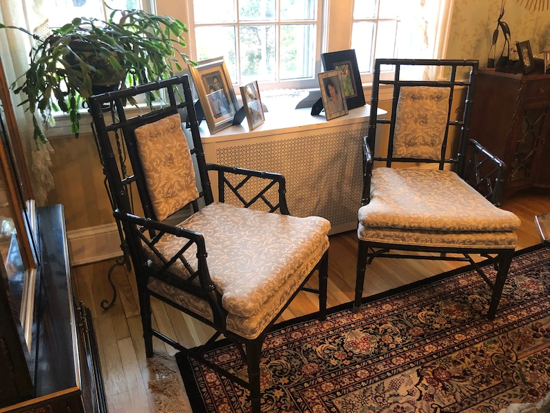 Pair of Vintage Black REAL Bamboo Chinese Chinoiserie Chairs. Built well, solid. Great to upholster in your favorite fabric image 3