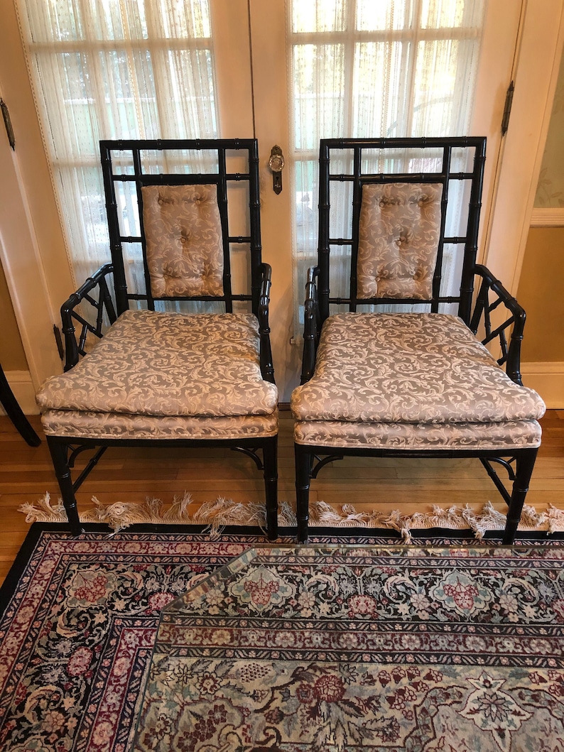 Pair of Vintage Black REAL Bamboo Chinese Chinoiserie Chairs. Built well, solid. Great to upholster in your favorite fabric image 1