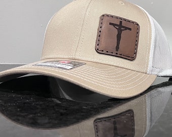 Leather Patch Hat | Jesus on the Cross | Religious Hat | Christian Hat | Snap Back Hat | Father's Day Gift | Birthday Gift | Christmas Gift