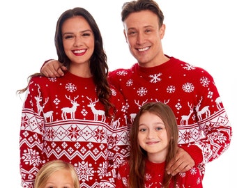 Christmas Jumper Family Matching Red Nordic Fairisle Vintage Unisex Kids Ladies Xmas Knit Sweater Novelty Sweater Set