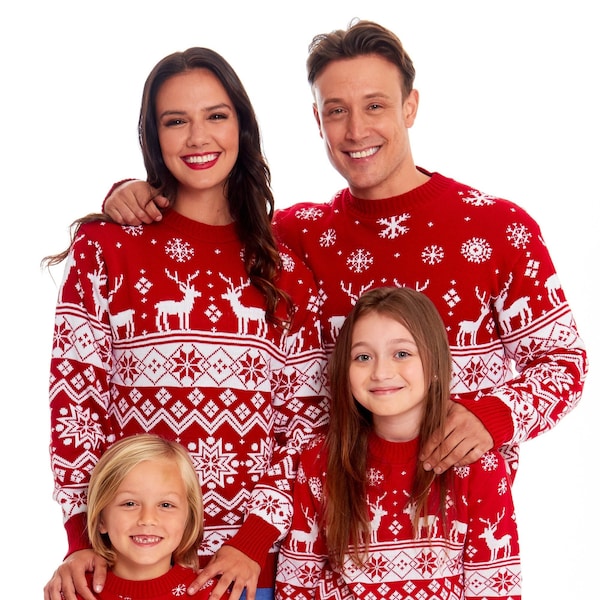 Christmas Jumper Family Matching Red Nordic Fairisle Vintage Unisex Kids Ladies Xmas Knit Sweater Novelty Sweater Set
