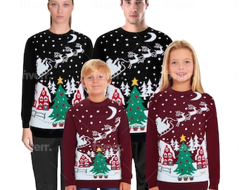 Christmas Family Jumper Matching Santa Night Sky Fairisle Vintage Merry Xmas Unisex Men's Ladies Kids Knit Sweater Novelty Sweater Small 4XL