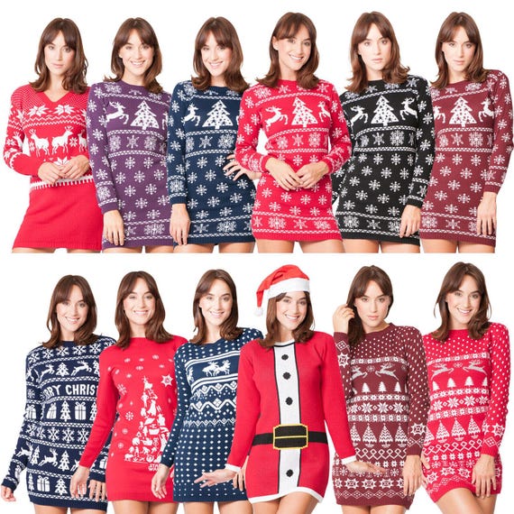 Women's Retro Fair Isle Knitted Jumper Midi Dress Xmas Party Tunic Ladies Novelty Christmas Jumper