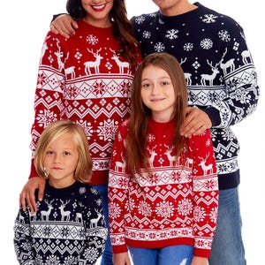 Christmas Jumper Family Matching Red Nordic Fairisle Vintage Unisex Kids Ladies Xmas Knit Sweater Novelty Sweater Set 画像 2