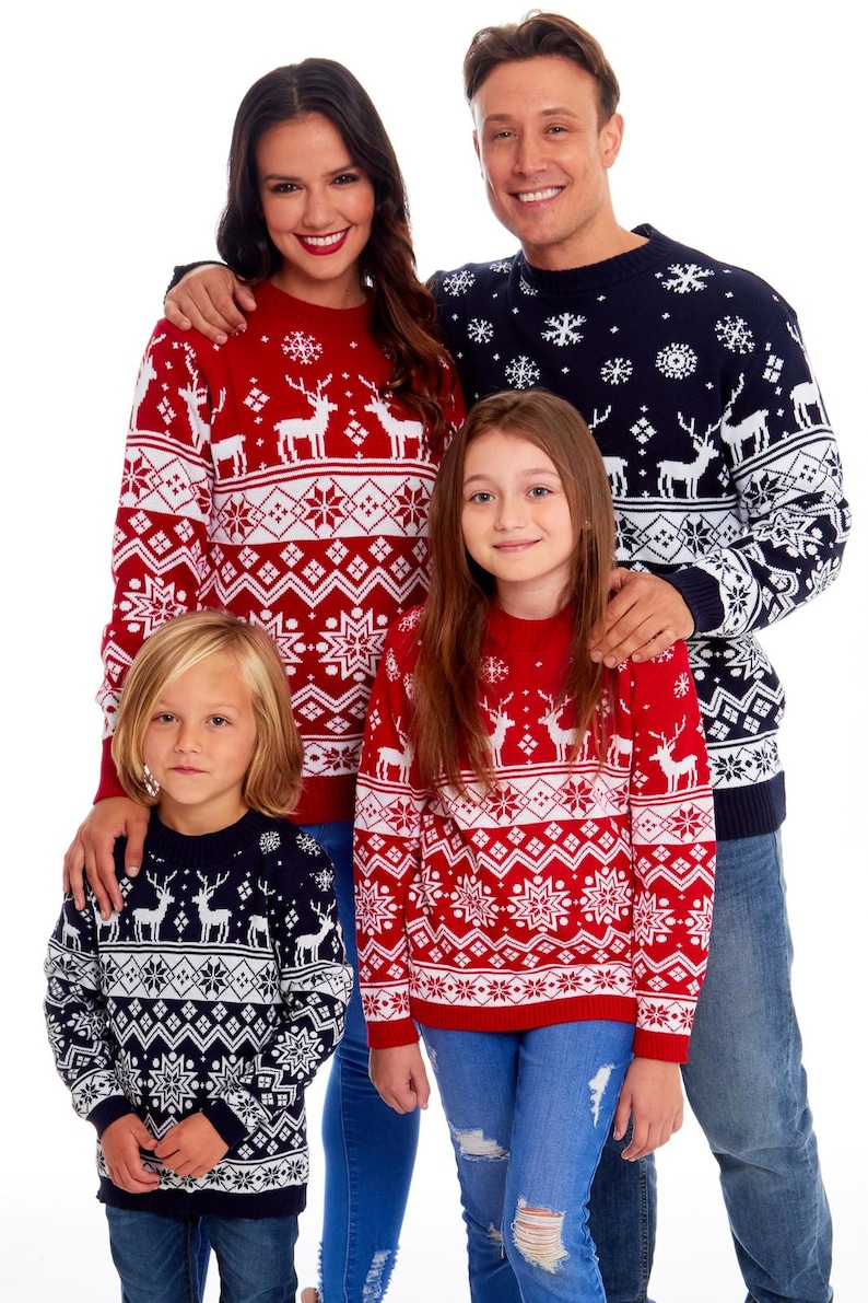 Christmas Jumper Family Matching Red Nordic Fairisle Vintage Unisex Kids Ladies Xmas Knit Sweater Novelty Sweater Set 画像 2