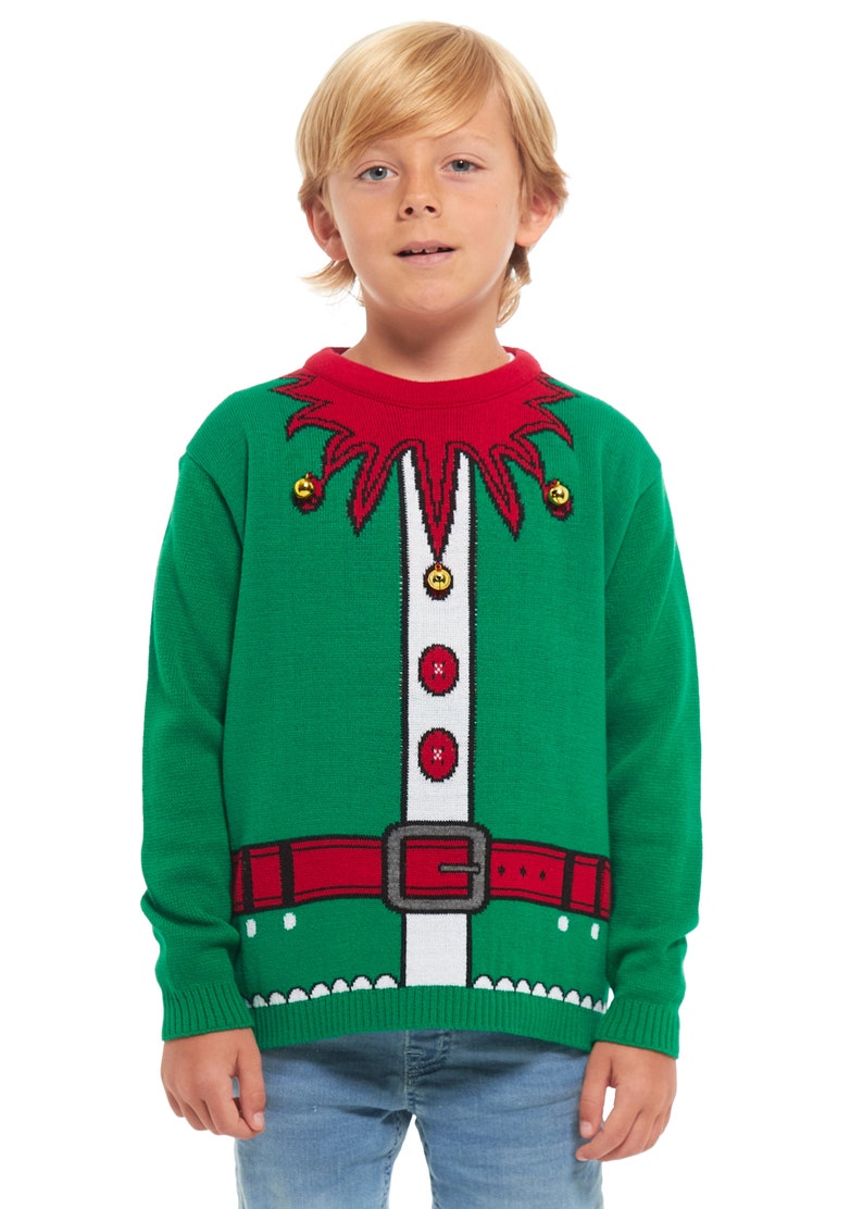 Christmas Jumper Jingle Bells Emerald Green Kids Children Vintage Merry Xmas Boy's Girls Retro Knit Sweater Novelty Sweater 2-14 Years old image 2