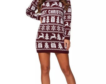 womens jumper dress christmas Women's Retro Fair Isle Knitted Midi Xmas Party Tunic Ladies Novelty Jumper Crafted from stretchy