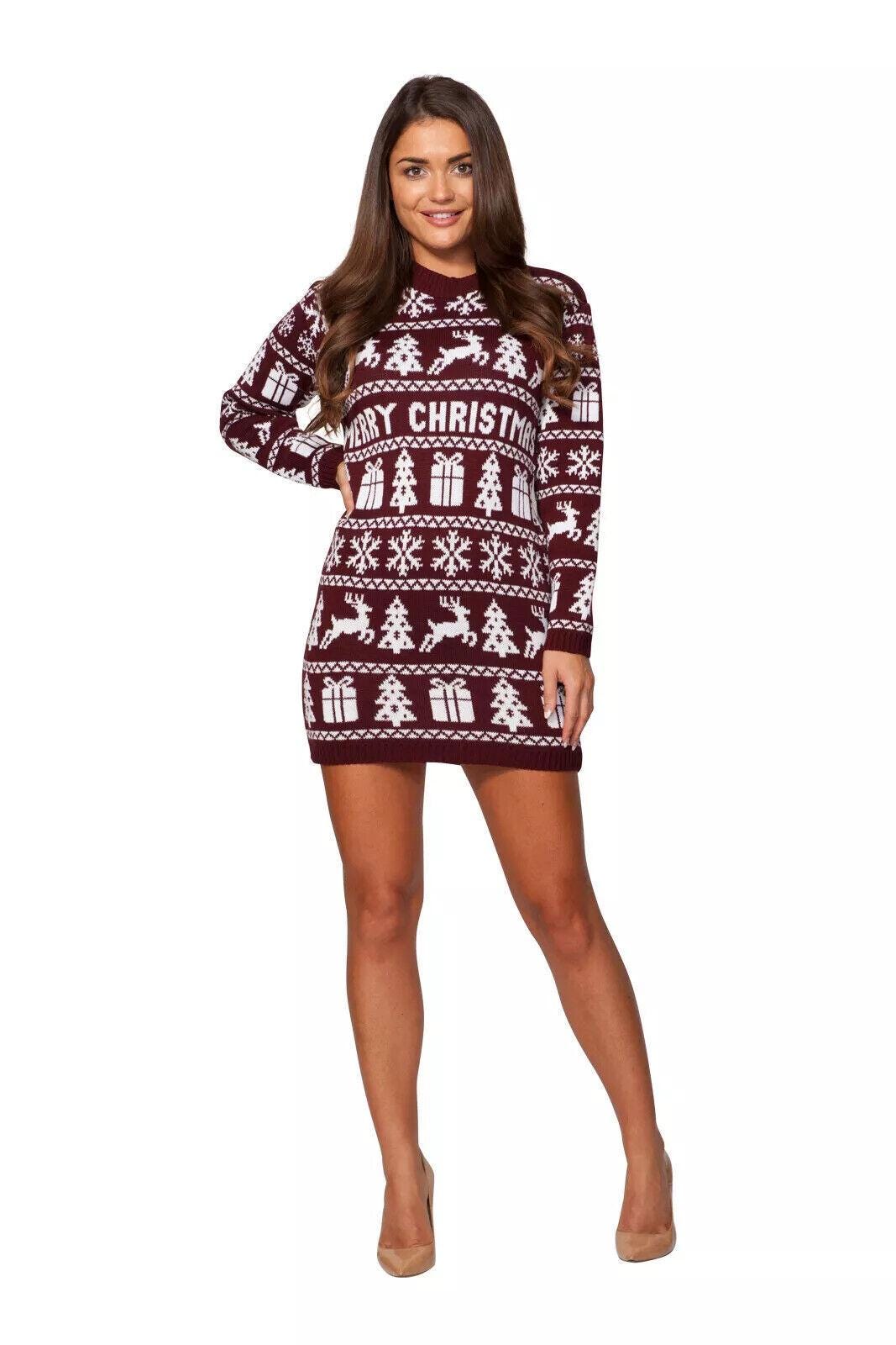 Women's Retro Fair Isle Knitted Jumper Midi Dress Xmas Party Tunic Ladies Novelty Christmas Jumper