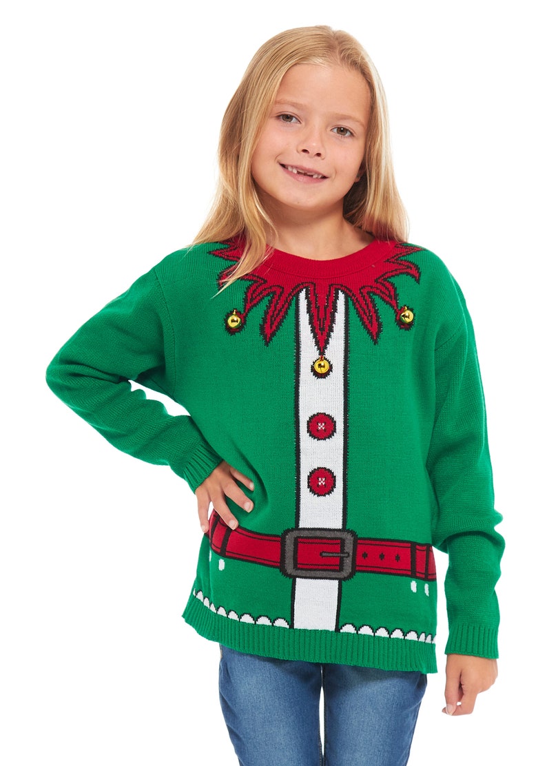 Christmas Jumper Jingle Bells Emerald Green Kids Children Vintage Merry Xmas Boy's Girls Retro Knit Sweater Novelty Sweater 2-14 Years old image 3