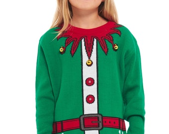 Christmas Jumper Jingle Bells Emerald Green Kids Children Vintage Merry Xmas Boy's Girls Retro Knit Sweater Novelty Sweater 2-14 Years old