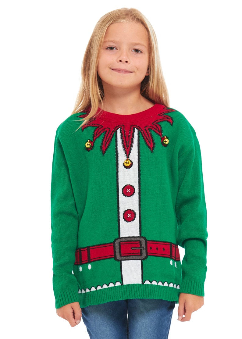 Christmas Jumper Jingle Bells Emerald Green Kids Children Vintage Merry Xmas Boy's Girls Retro Knit Sweater Novelty Sweater 2-14 Years old image 1