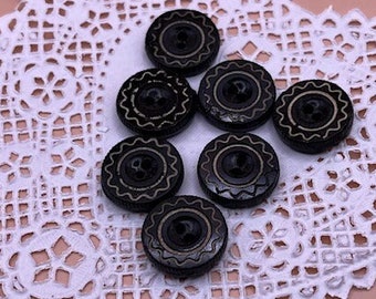 7 antique glass buttons - Victorian Black and light gold details