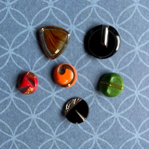 Lot of 6 Miniature Antique to Vintage Art Deco Glass Buttons various colors All Deco Style Red,Black, Green, Orange,Brown, various Shapes image 1