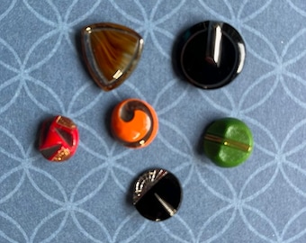Lot of 6 Miniature Antique to Vintage Art Deco Glass Buttons various colors All Deco Style Red,Black, Green, Orange,Brown, various Shapes