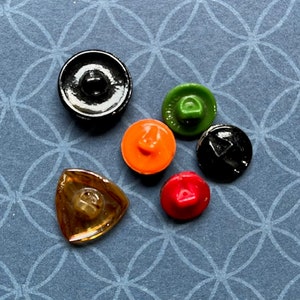 Lot of 6 Miniature Antique to Vintage Art Deco Glass Buttons various colors All Deco Style Red,Black, Green, Orange,Brown, various Shapes image 2