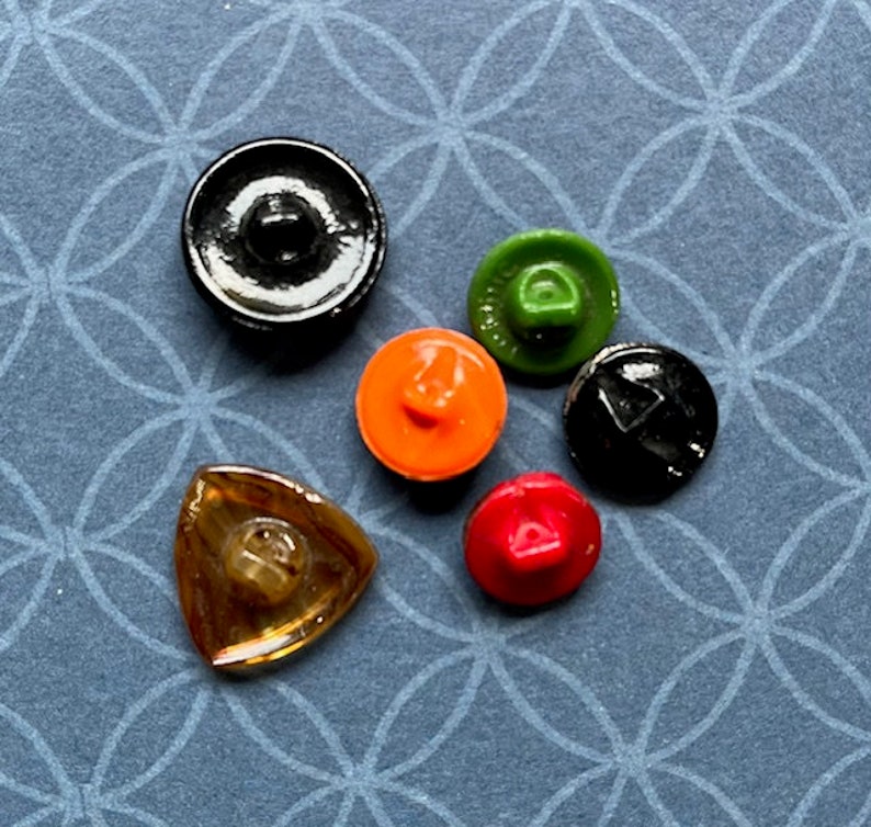 Lot of 6 Miniature Antique to Vintage Art Deco Glass Buttons various colors All Deco Style Red,Black, Green, Orange,Brown, various Shapes image 2