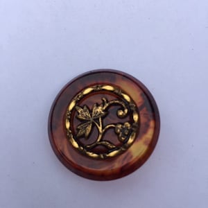 May include: A round, brown and gold button with a decorative vine and grape design.