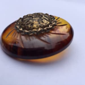 May include: A brown and gold oval-shaped brooch with a decorative metal design in the center.