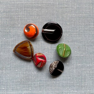 Lot of 6 Miniature Antique to Vintage Art Deco Glass Buttons various colors All Deco Style Red,Black, Green, Orange,Brown, various Shapes image 3