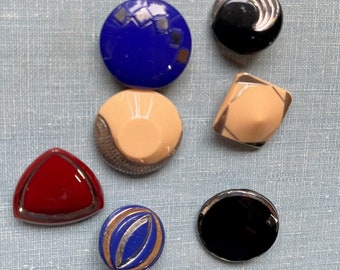 Lot of  7 Antique to Vintage Art Deco Glass Buttons various colors All Deco Style burgundy Black Blue&Tan various Shapes