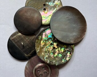 Six assorted Antique Abalone  buttons various sizes metal shanks and Sew Throughs