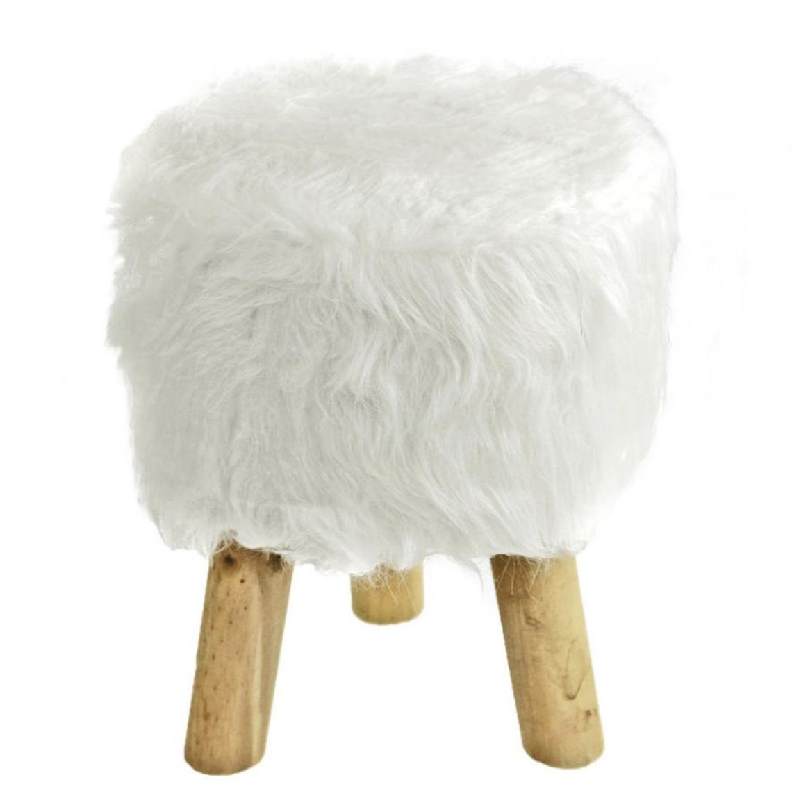 White Faux Fur Footstool Modern Wooden Round Fury Stool Etsy
