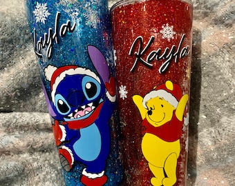 Personalised Stitch/Winnie the Pooh Snowglobe Tumbler 24oz | Slow Flowing Glitter! | Glitter Tumbler | Starbucks Cold Cup/Disney Inspired