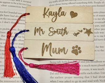 Personalised Wooden Bookmark, Laser Engraved, Novelty Gift, Coloured tassels