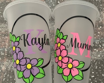 Personalised Pastel Floral 24oz Plastic Cold Cup Tumbler x1 with lid and straw, any colours any name!
