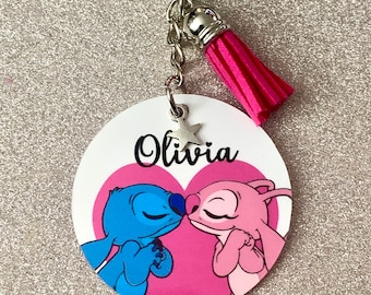 Stitch & Angel, Lilo and Stitch Disney inspired personalised keyring. Handmade novelty gift!