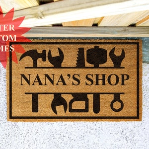 CUSTOM NANA SHOP Doormat | Enter Any Name | Customizable Brown Doormat with Black Print | 2 Designs | 4 Sizes | Printed in New Jersey