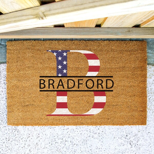 CUSTOM FLAG DOORMAT | Custom Last Name with Flag Initial Doormat | Patriotic Doormat | Custom Name | 4 Size Options | Printed in the U.S.A.