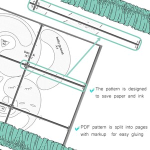 May include: A black and white sewing pattern with lines and text. The pattern is designed to save paper and ink. The PDF pattern is split into pages with markup for easy gluing.