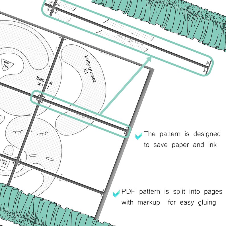 May include: A black and white sewing pattern with lines and text. The pattern is designed to save paper and ink. The PDF pattern is split into pages with markup for easy gluing.