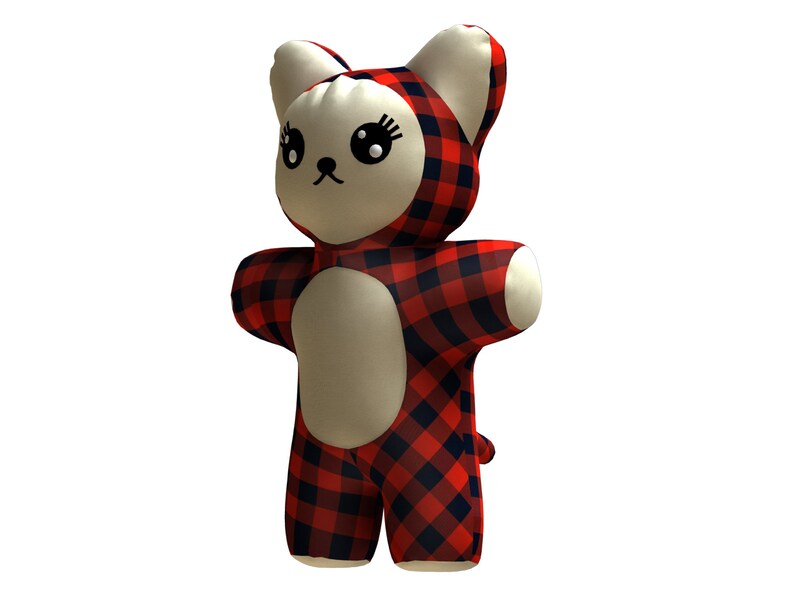 May include: A red and black plaid plush toy shaped like a cat. The toy has a white face with black eyes and a black nose.