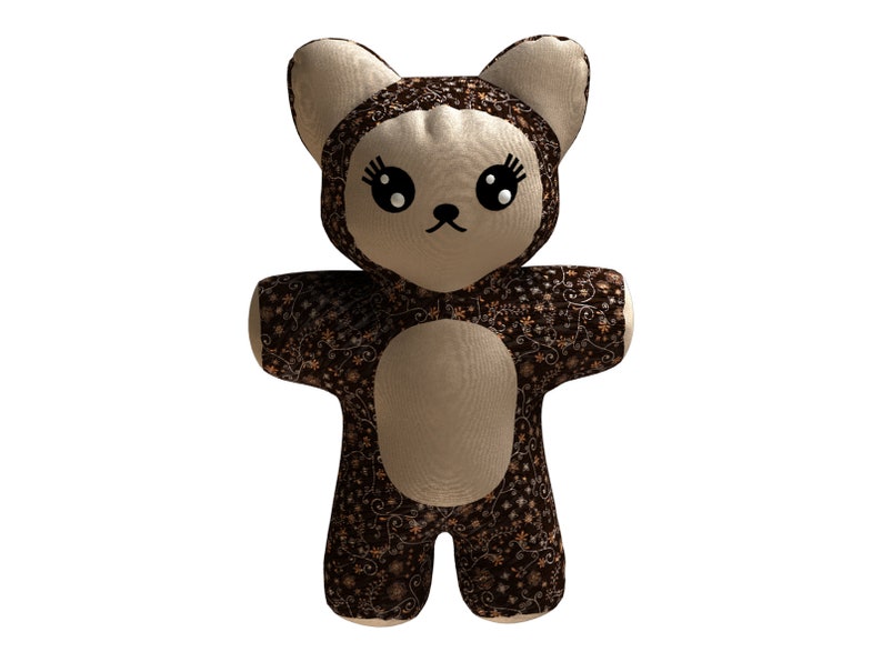 May include: A brown and beige plush teddy bear with a floral pattern. The bear has large black eyes and a black nose.