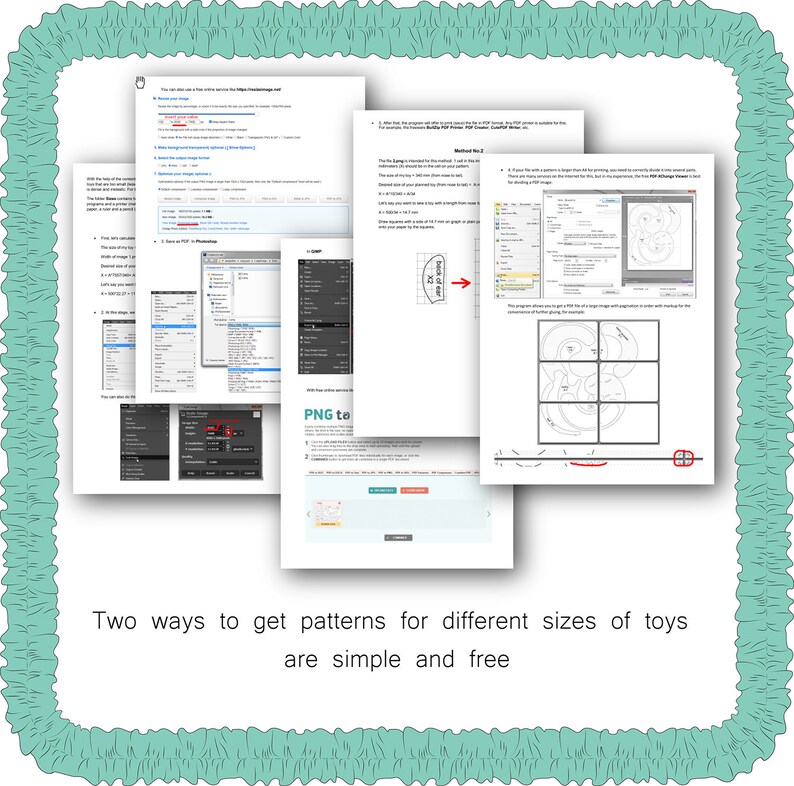 May include: Two methods for resizing patterns for toys are shown in this image. The first method uses a free online service called "PNG to PDF" and the second method uses a free program called "GIMP". The image shows screenshots of both programs.
