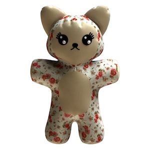 May include: A plush toy shaped like a cat with a floral pattern. The toy is beige with red and white flowers. The cat has black eyes and eyelashes.
